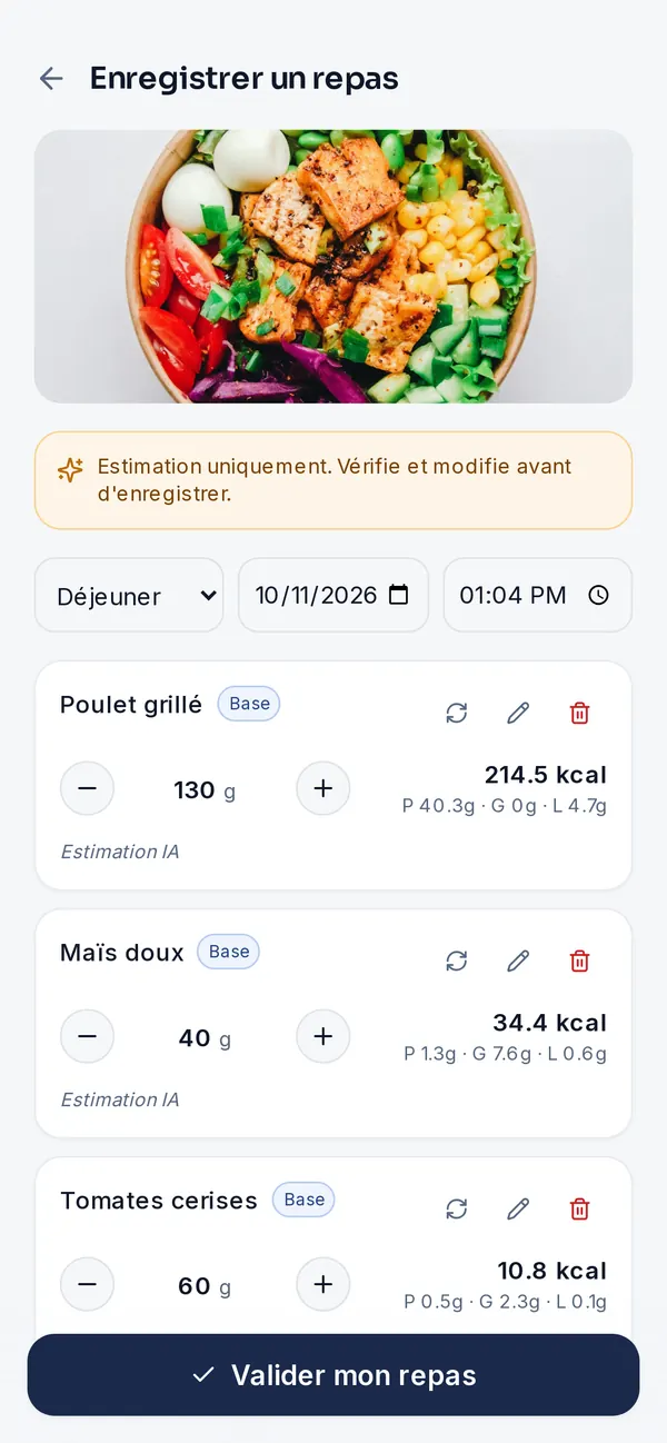 Repas analysé en photo avec calories et macros estimées
